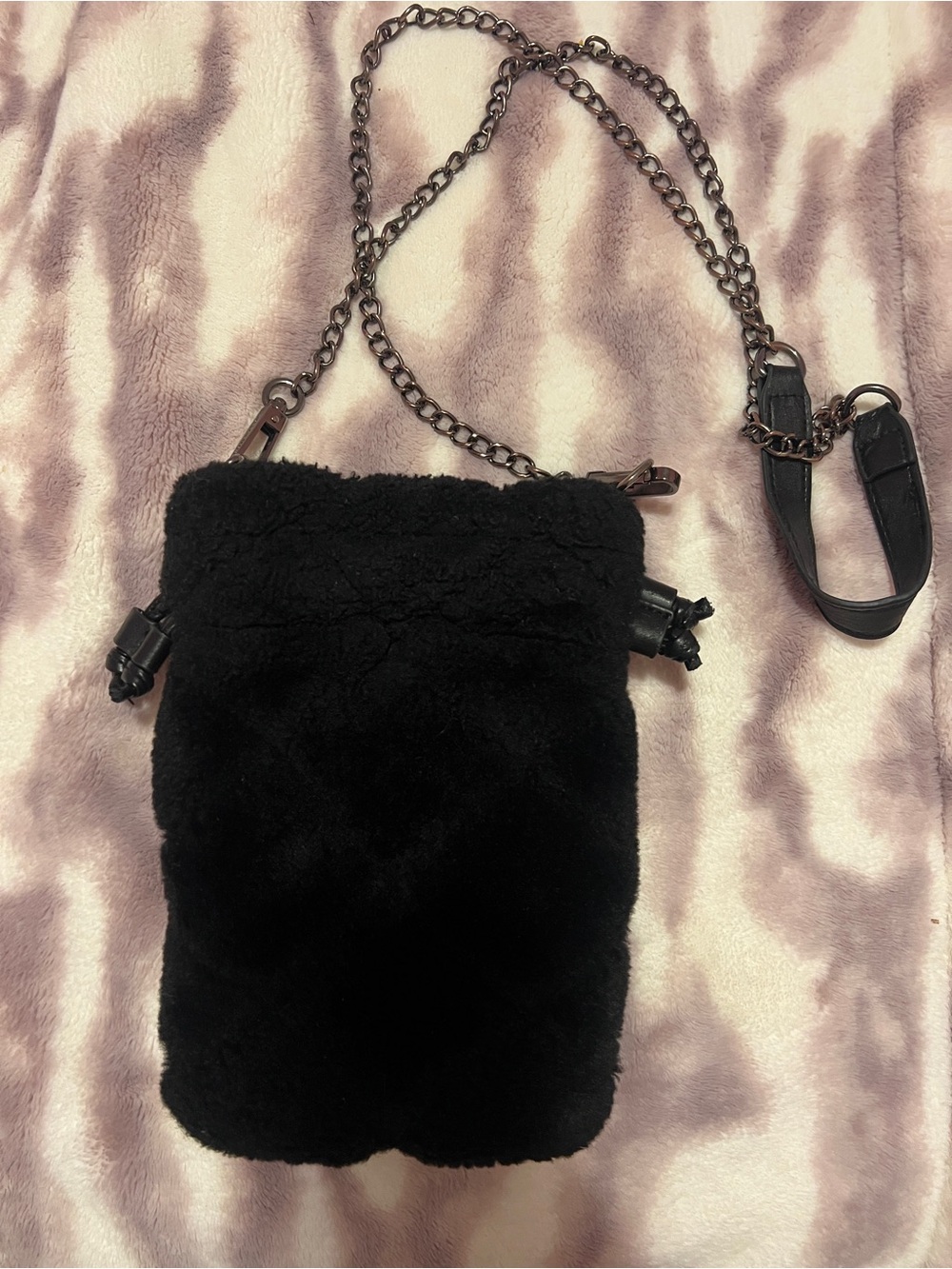 Black Faux Fur Crossbody Bag with Chain Strap